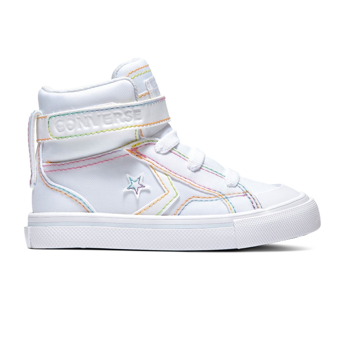 white converse with rainbow stitching